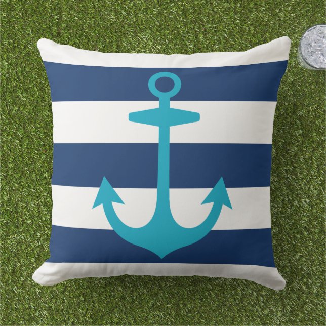 Nautical Caribbean Blue Anchor with Navy Stripes Cushion (Grass)