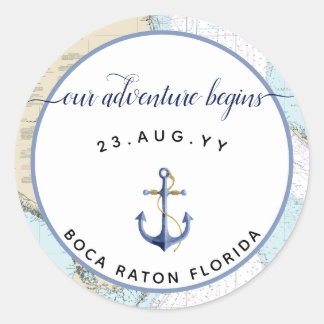 Nautical Chart + Anchor Wedding / Event Florida Classic Round Sticker