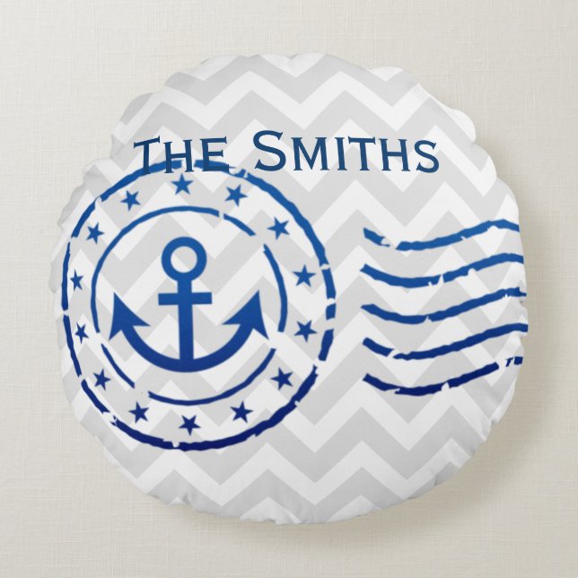 Nautical Chevron & Anchor Seal Round Cushion (Front)