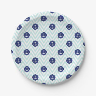 Nautical Chevron Navy Blue Anchors Pattern Paper Plate