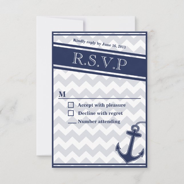 Nautical chevron navy blue RSVP invitation (Front)
