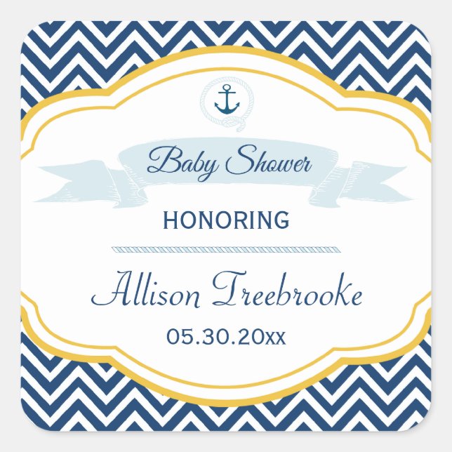 Nautical chevron navy gold baby boy shower sticker (Front)