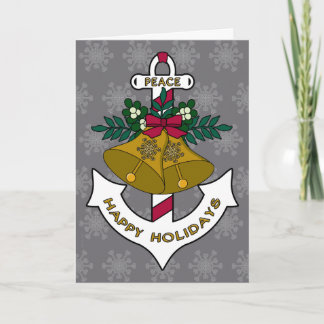 Nautical Christmas Anchor Gold Bells & Snowflakes Holiday Card
