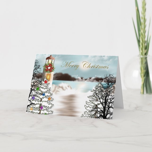 Nautical Christmas Card with Lighthouse (Front)