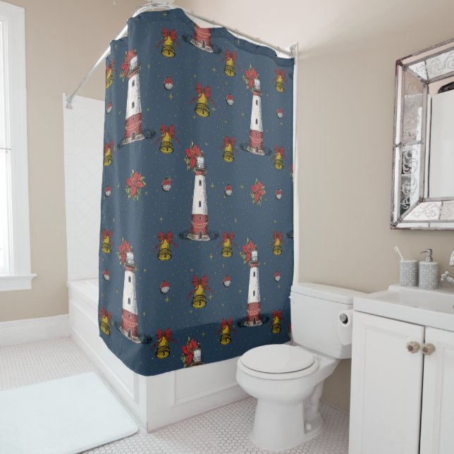 Nautical Christmas Coastal Lighthouse Pattern Shower Curtain (In Situ)