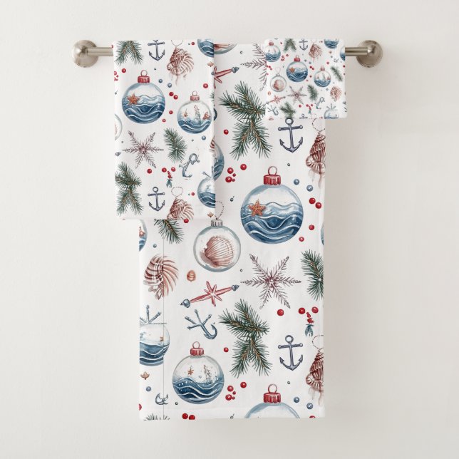 Nautical Christmas Coastal Ornament Pattern Bath Towel Set (Insitu)