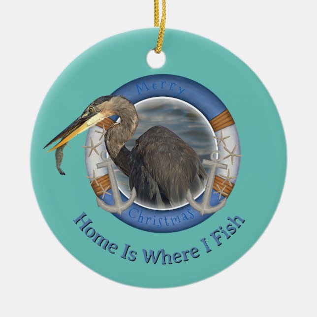 Nautical Christmas Heron Fishing Ceramic Tree Decoration (Front)