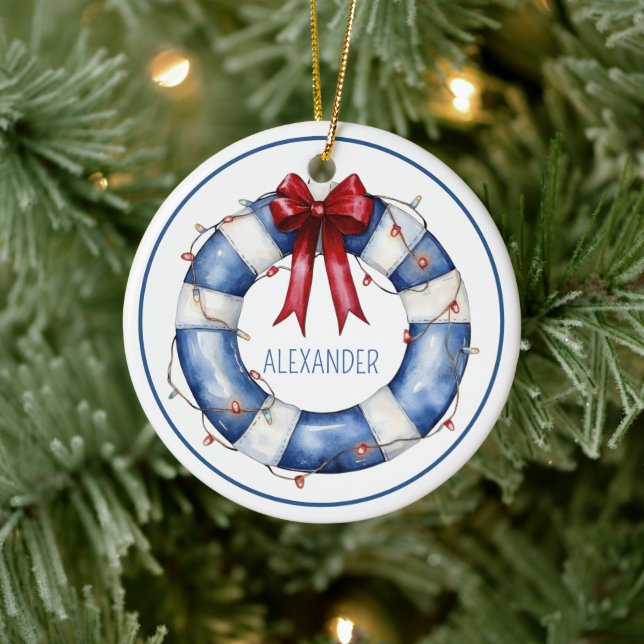 Nautical Christmas Life Preserver With Bow Ceramic Tree Decoration (Tree)