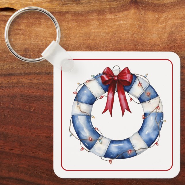 Nautical Christmas Life Preserver With Bow Key Ring (Front)