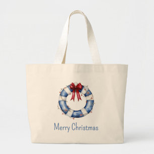 Nautical Christmas Life Preserver With Bow Large Tote Bag