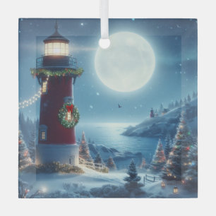Nautical Christmas lighthouse Glass Tree Decoration