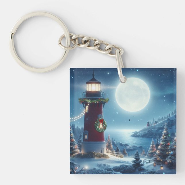 Nautical Christmas lighthouse Key Ring (Front)