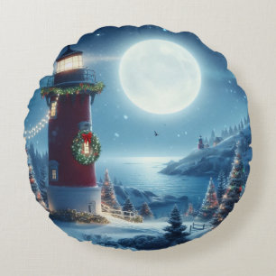 Nautical Christmas lighthouse Round Cushion