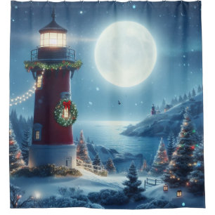 Nautical Christmas lighthouse Shower Curtain