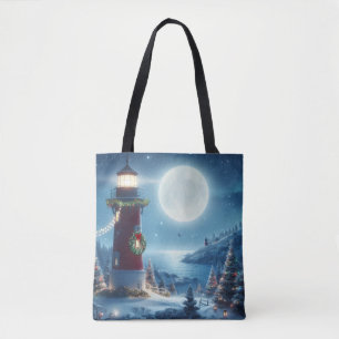 Nautical Christmas lighthouse Tote Bag