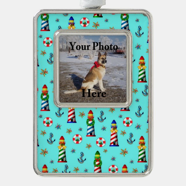 Nautical Christmas Lighthouses Add Your Image Silver Plated Framed Ornament (Front)