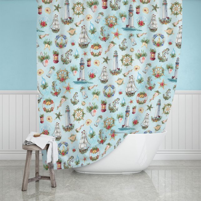 Nautical Christmas Lighthouses Sailing Ships Ocean Shower Curtain (Creator Uploaded)