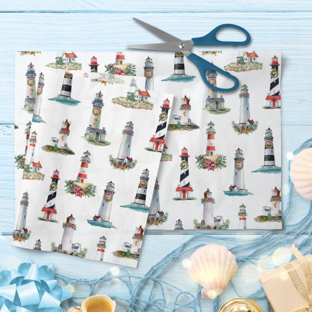 Nautical Christmas Lighthouses White Tissue Paper (Creator Uploaded)