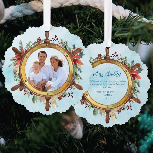 Nautical Christmas Ship Wheel Photo  Tree Decoration Card (Creator Uploaded)