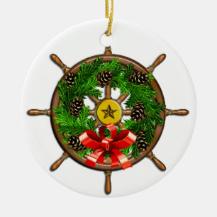 Nautical Christmas Ships Wheel Ceramic Tree Decoration