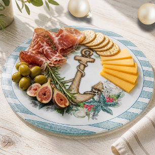 Nautical Christmas Wreath & Anchor Round Cutting Board