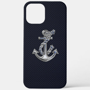 Nautical Chrome Anchor on Carbon Fibre Print iPhone 12 Pro Max Case