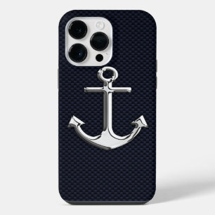 Nautical Chrome Anchor on Carbon Fibre Print iPhone 14 Pro Max Case