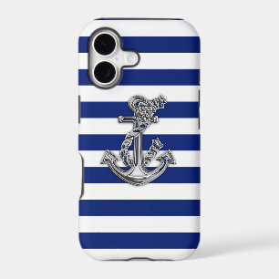Nautical Chrome Anchor on Navy Stripes Print