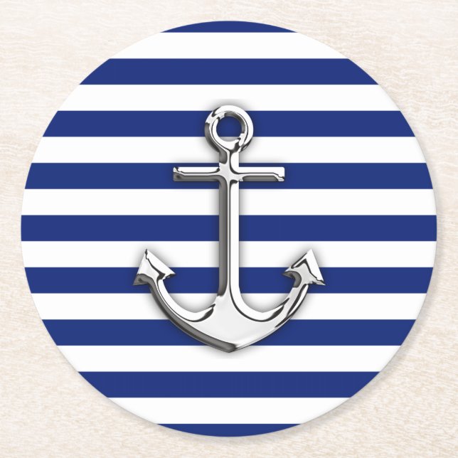 Nautical Chrome Anchor on Navy Stripes Print Round Paper Coaster (Front)