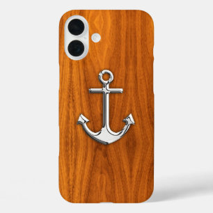 Nautical Chrome Anchor on Teak Wood Print iPhone 16 Plus Case