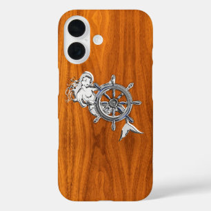 Nautical Chrome Mermaid on Teak Wood Print iPhone 16 Case