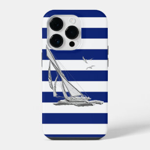 Nautical Chrome Sail Boat on Navy Stripes Print iPhone 14 Pro Case