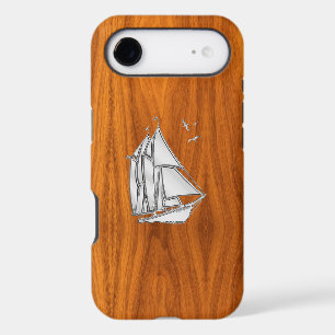 Nautical Chrome Sail Boat on Teak Wood Print