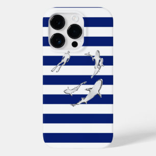 Nautical Chrome Sharks on Navy Stripes Print Case-Mate iPhone 14 Pro Case