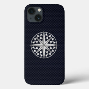 Nautical Chrome Star Compass on Carbon Fibre Print iPhone 13 Case