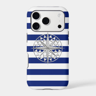 Nautical Chrome Star Compass on Navy Stripes Print