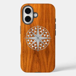 Nautical Chrome Star Compass on Teak Wood Print iPhone 16 Case