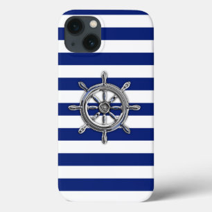 Nautical Chrome Wheel on Navy Stripes Print iPhone 13 Case