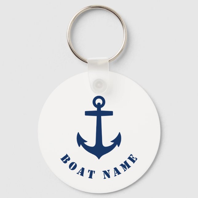 Nautical Classic Anchor Boat or Name Navy & White Key Ring (Front)