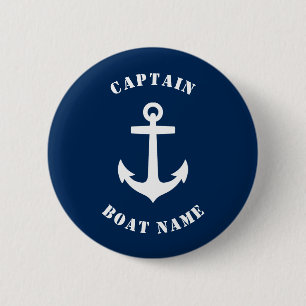 Nautical Classic Anchor Captain Boat Name Blue 6 Cm Round Badge