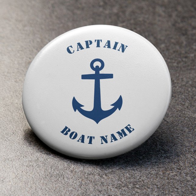 Nautical Classic Anchor Captain Boat Name Navy 6 Cm Round Badge (Several sizes and shapes to choose from.)
