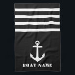 Nautical Classic Anchor Your Boat Name Black White Tea Towel<br><div class="desc">Custom Nautical Classic Anchor with Your Personalised Boat Name on a Chic Black Kitchen Towel with White stripes.</div>
