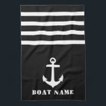 Nautical Classic Anchor Your Boat Name Black White Tea Towel<br><div class="desc">Custom Nautical Classic Anchor with Your Personalised Boat Name on a Chic Black Kitchen Towel with White stripes.</div>