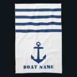 Nautical Classic Anchor Your Boat Name Blue Stripe Tea Towel<br><div class="desc">Custom Nautical Classic Anchor with Your Personalised Boat Name in Navy Blue on a White and Blue Striped Kitchen Towel.</div>