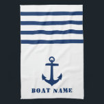 Nautical Classic Anchor Your Boat Name Blue Stripe Tea Towel<br><div class="desc">Custom Nautical Classic Anchor with Your Personalised Boat Name in Navy Blue on a White and Blue Striped Kitchen Towel.</div>