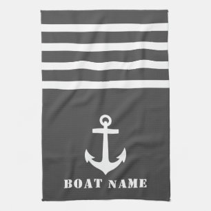 Nautical Classic Anchor Your Boat Name Gray White Tea Towel