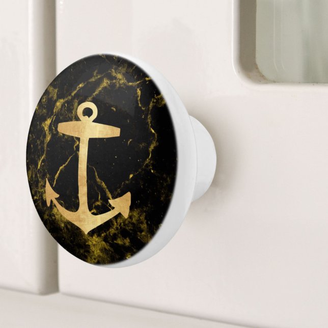 Nautical Coastal Beach Black Marble Golden Anchor  Ceramic Knob (Nautical Coastal Beach Black Marble Golden Anchor Ceramic Knob)