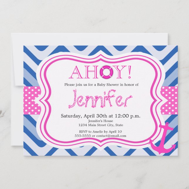 Nautical coastal beach girl baby shower invitation (Front)