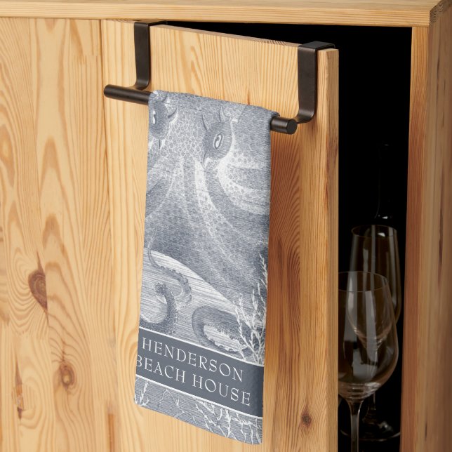 Nautical Coastal Beach House Blue White Octopus Tea Towel (Thirds Fold)