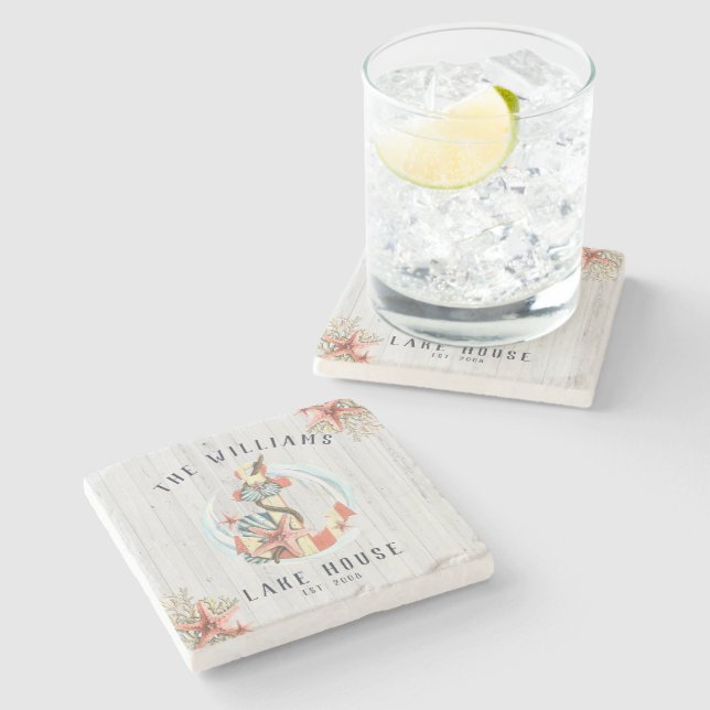 Nautical Coastal Beach House | Rustic Anchor Stone Coaster (Side)